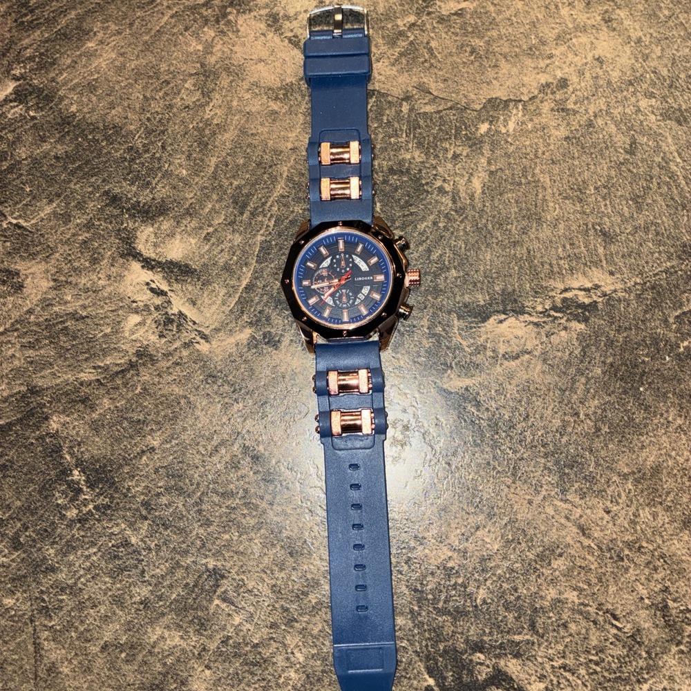 LIBOGER Asymmetrical Chronograph Wristwatch Blue Gold Silicone Date Tachymeter